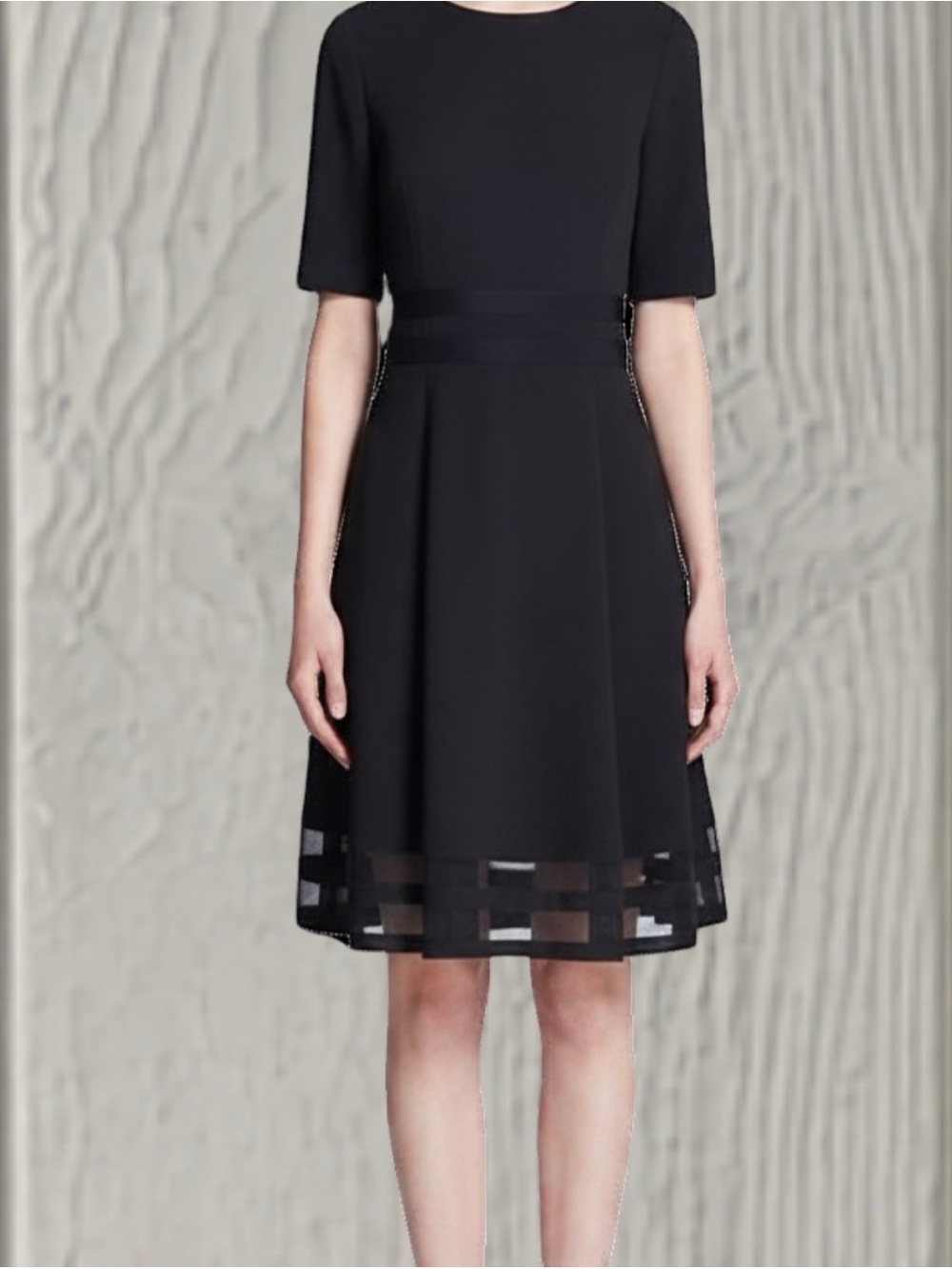 Calvin Klein Black Short-Sleeve Midi Dress with Sheer Hem - Picture 1 of 5